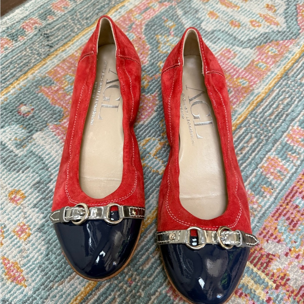 AGL Red suede and Navy patten Flats with silver Buckle Detail